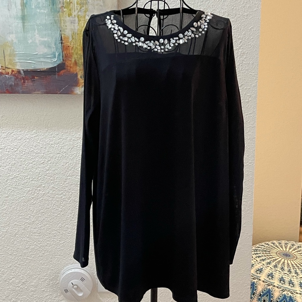Black embellished top with sheer neck and sleeves